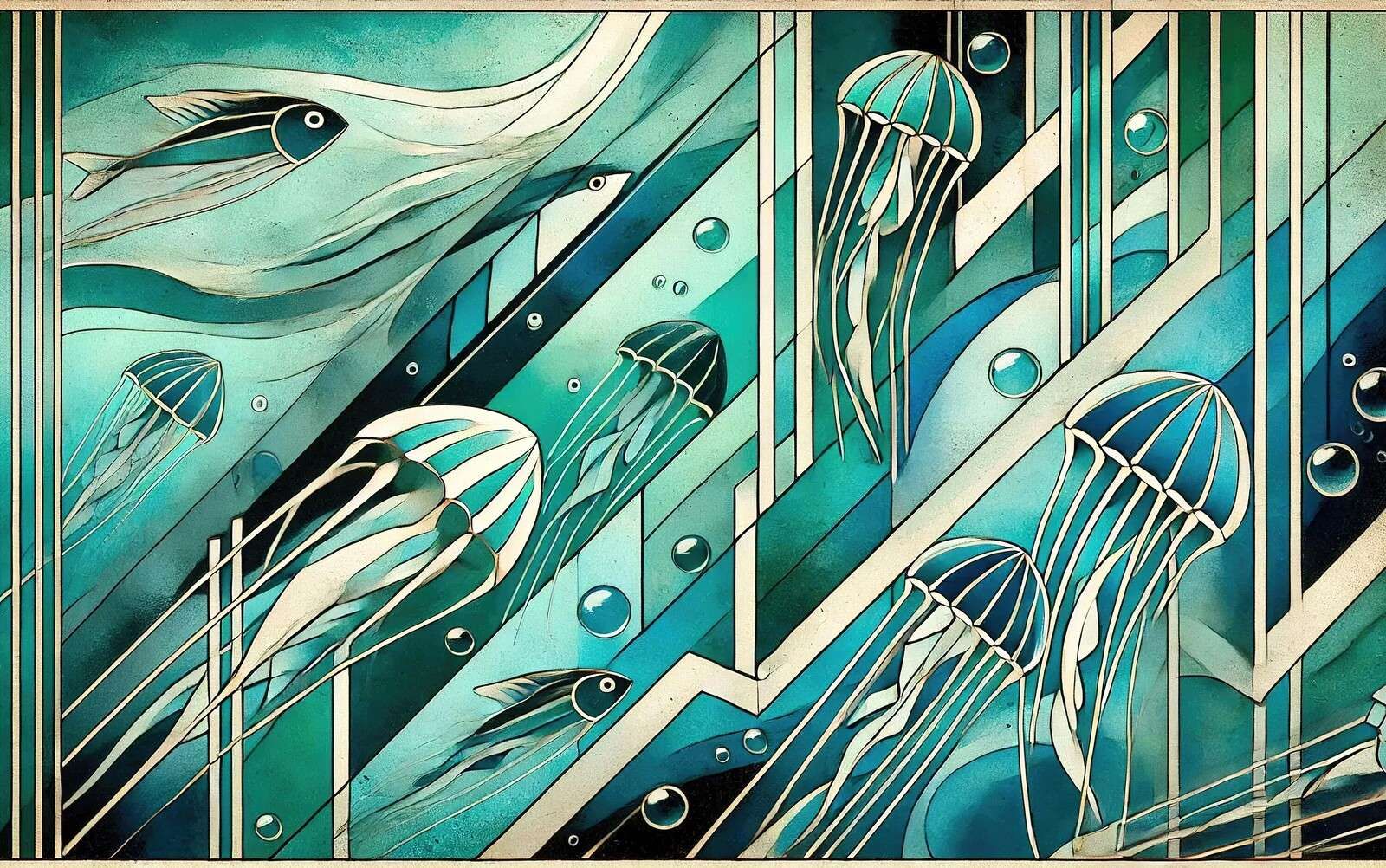 Onderwaterwereld met kwallen in art deco lijnen