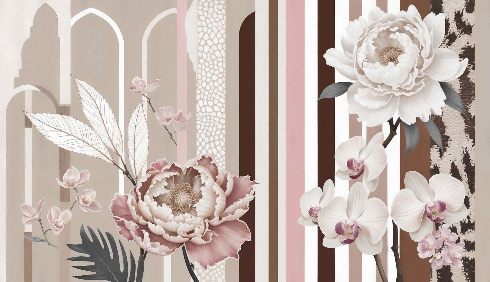 Pioenrozen en orchideeën met bogen