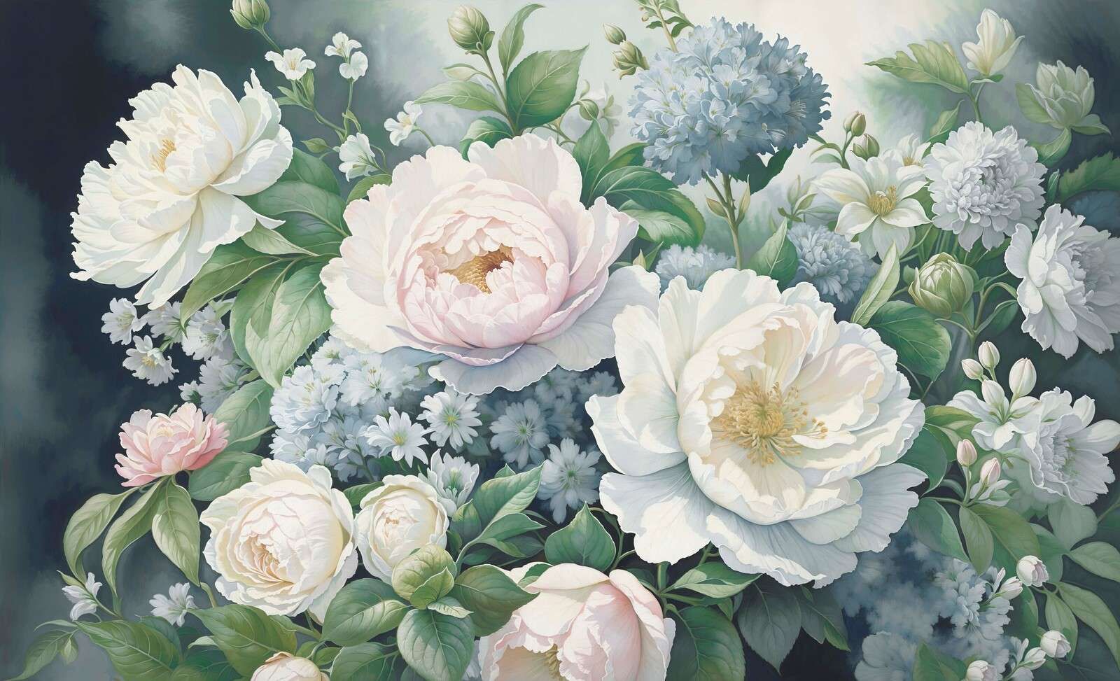 Romantische pioenrozen in pastelblauw