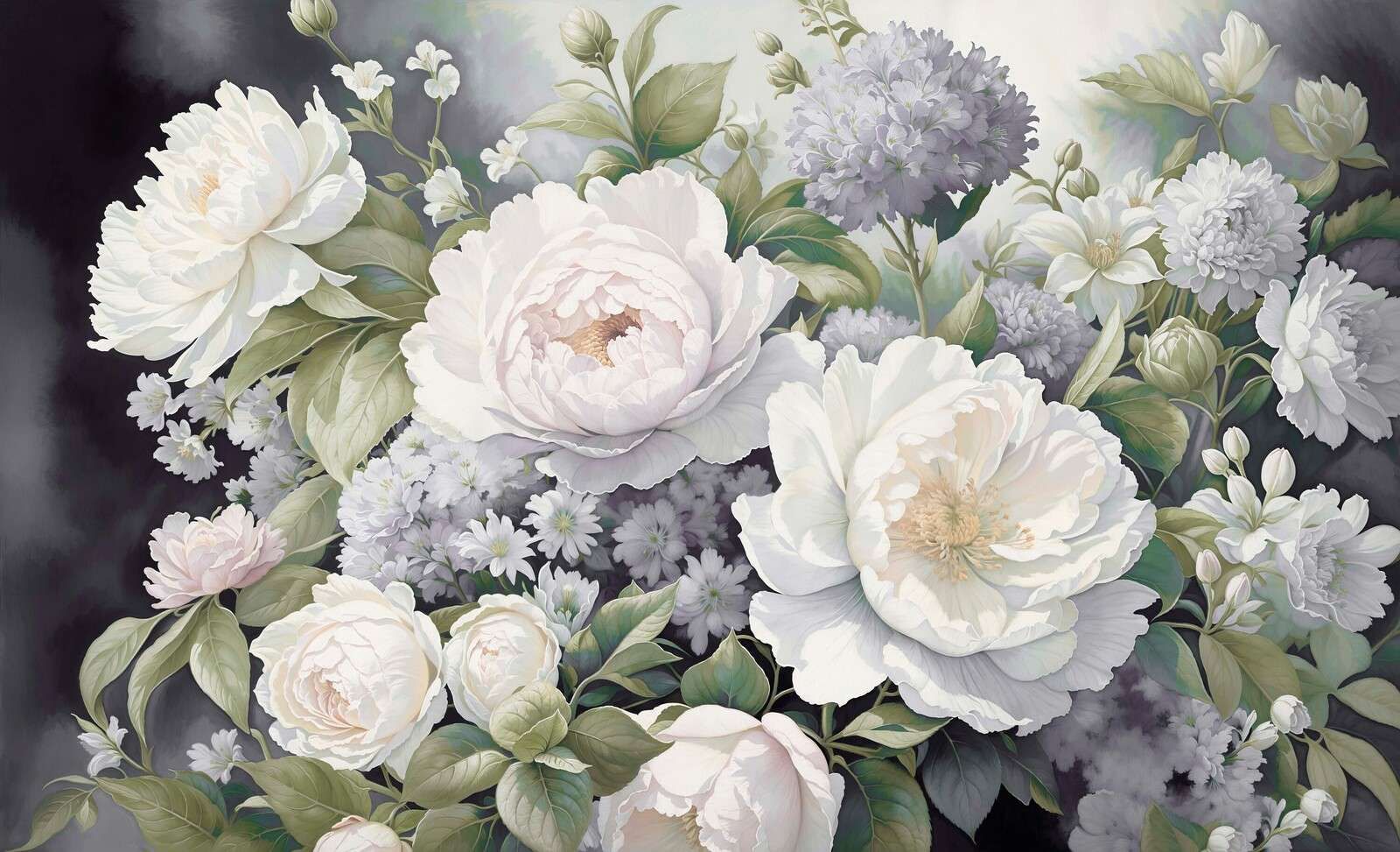 Witte pioenrozen in nevelgroen
