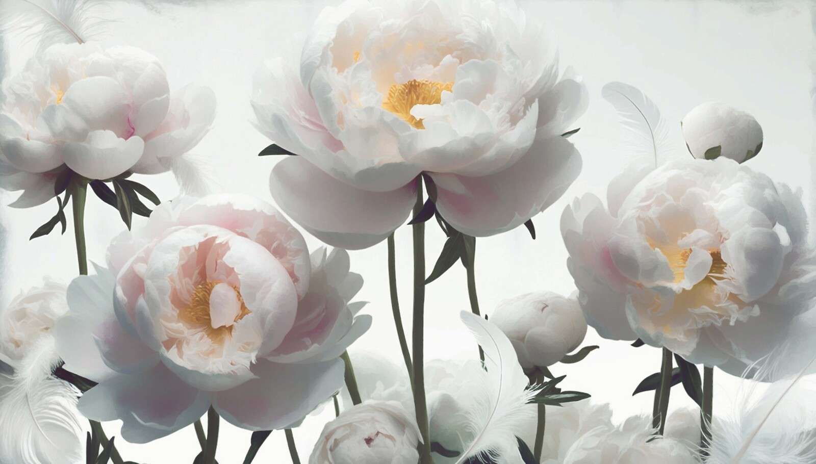 Witte pioenrozen met veren