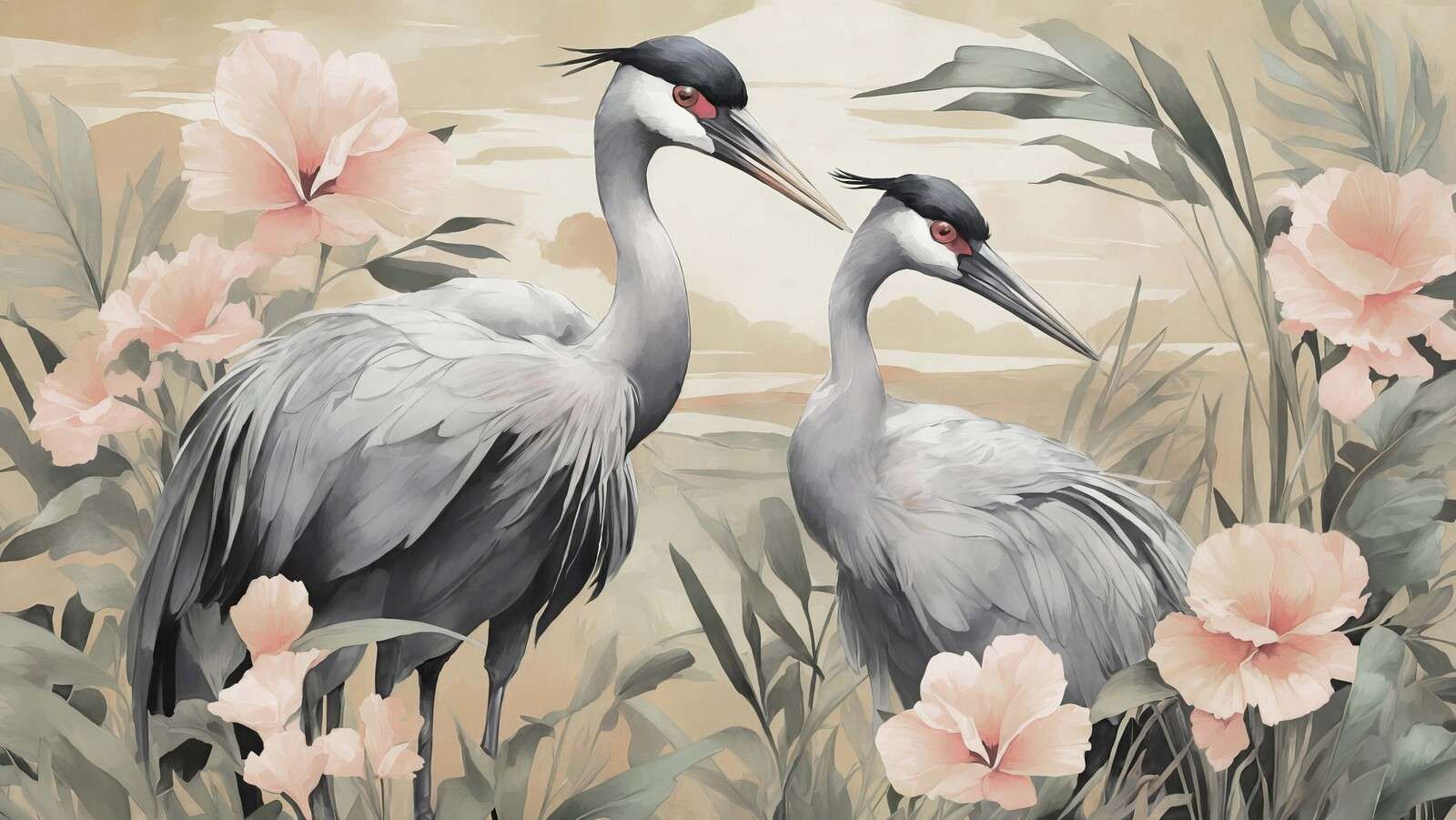 Elegante kraanvogels met hibiscusbloemen