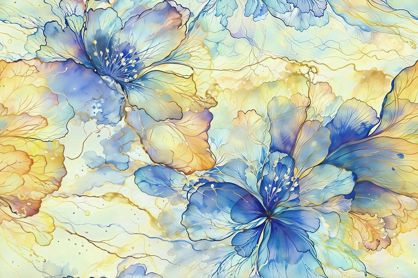 Aquarelbloemen in blauw en goud
