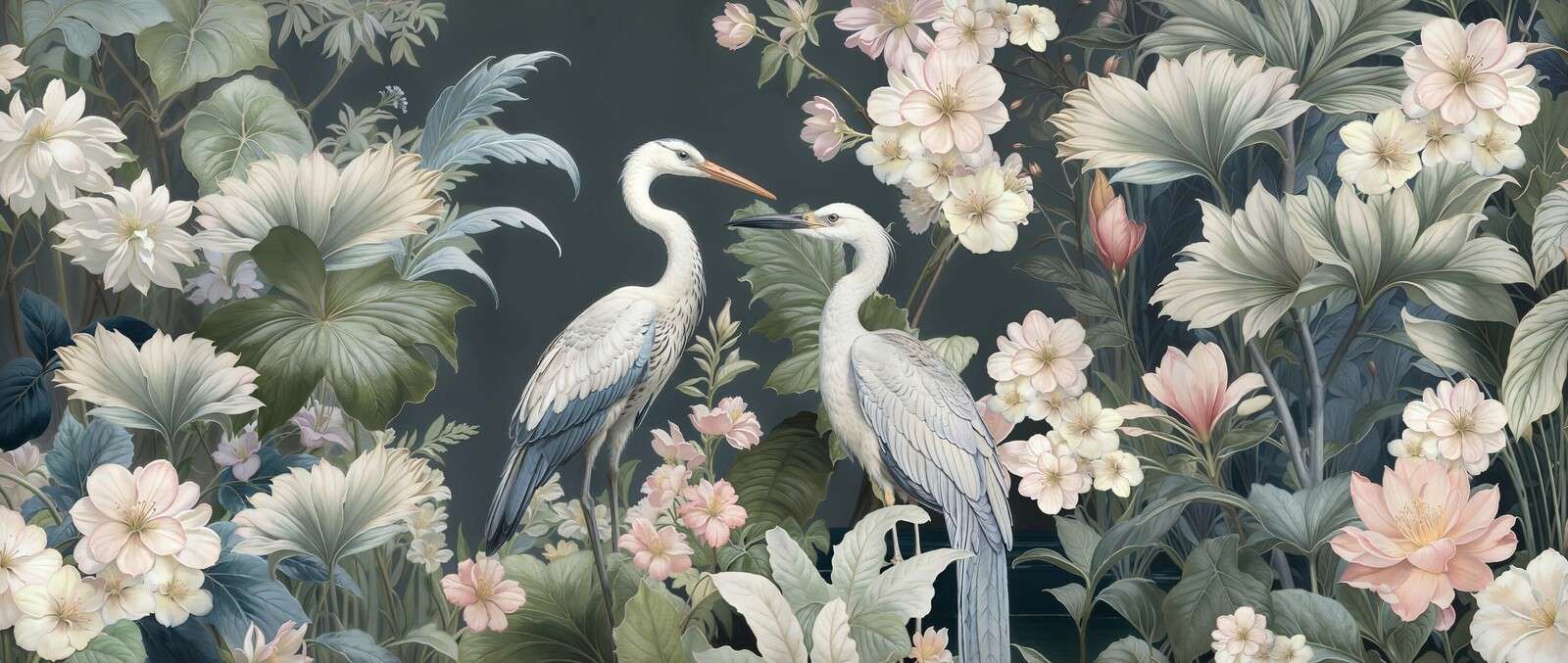 Witte reigers tussen zachte bloemen