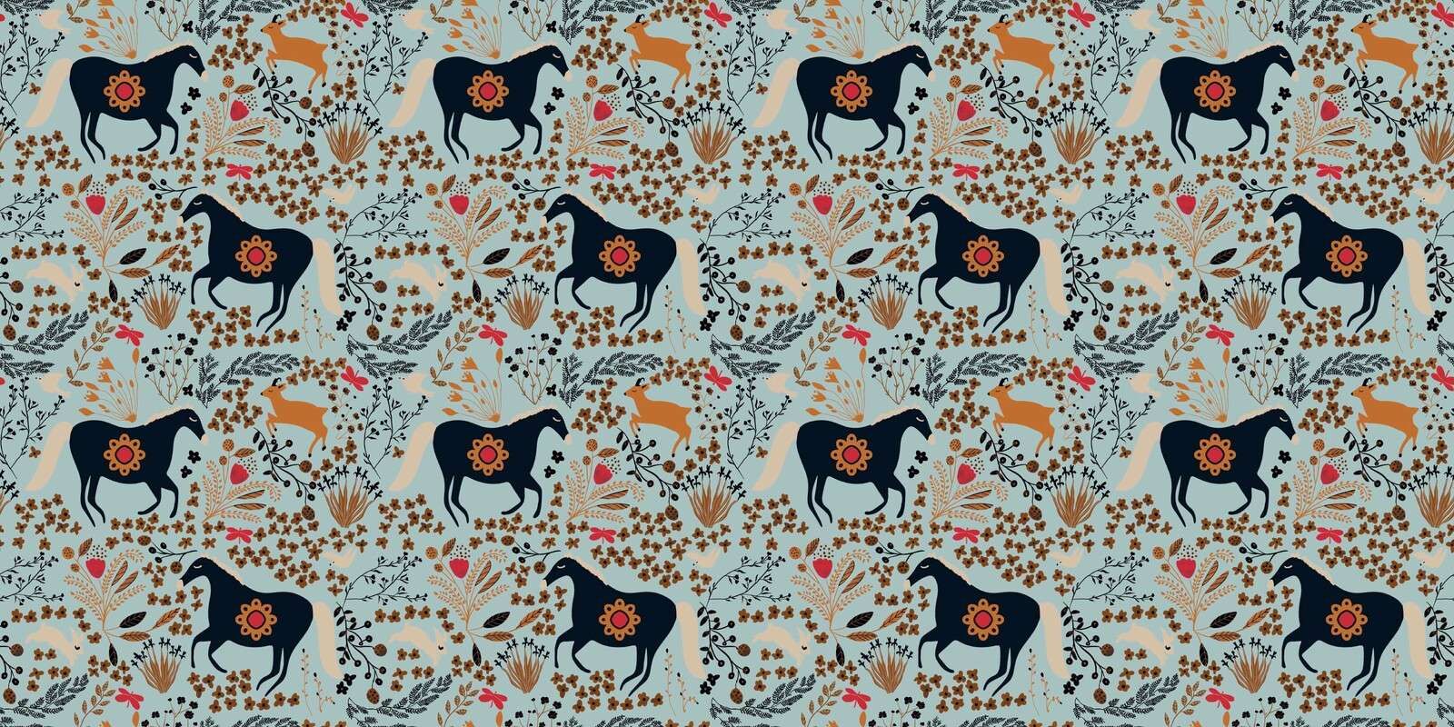 Bloemenveld met paarden en reeën