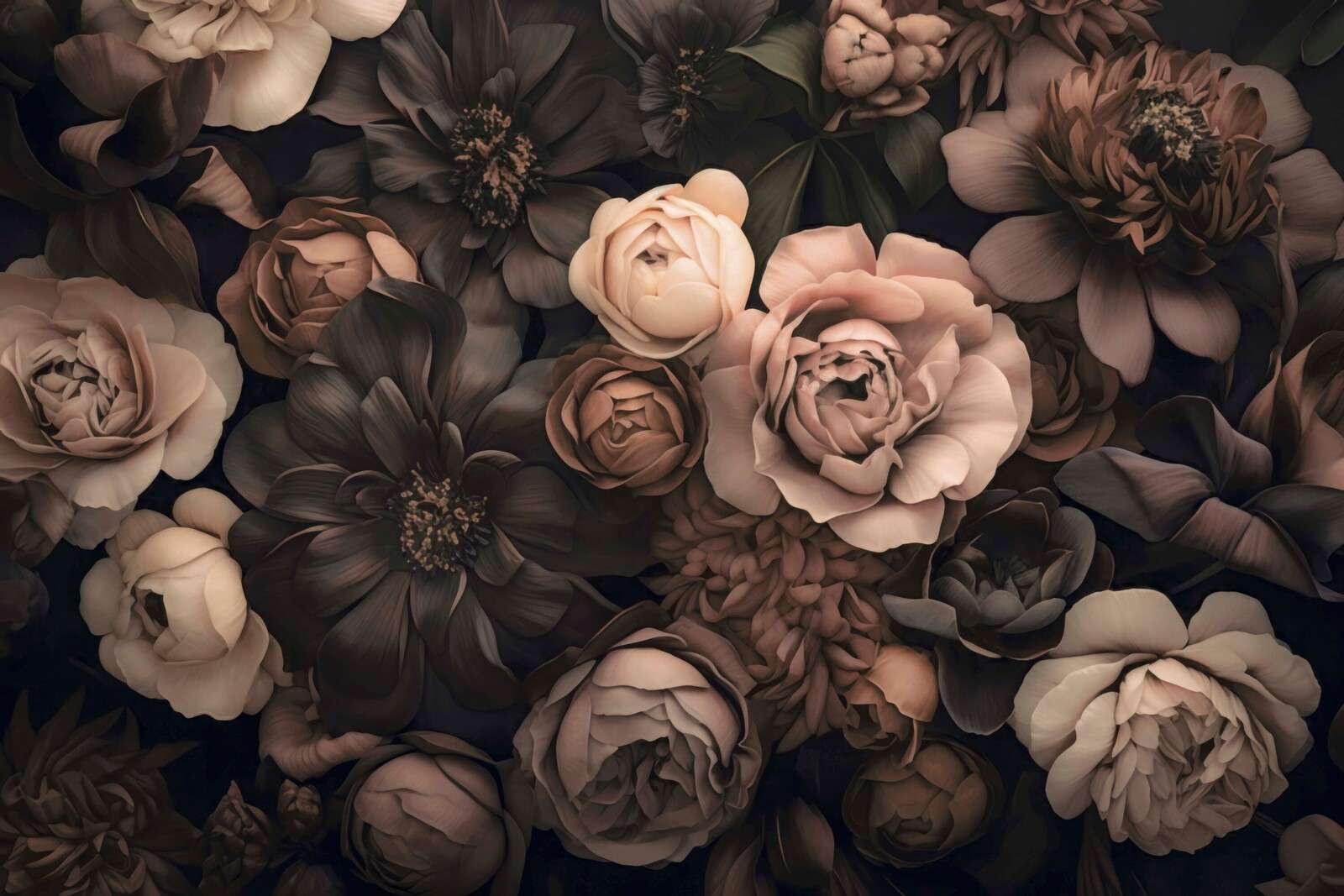 Opulent baroque flowers moody botanical art blush and brown