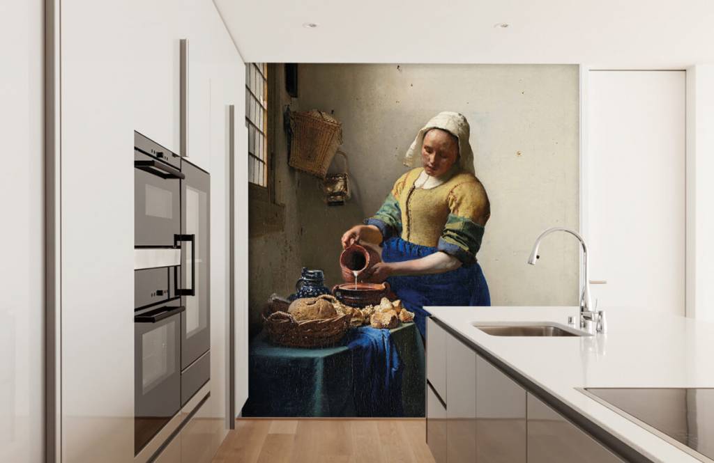 Het Melkmeisje, door Johannes Vermeer, als fotobehang in de keuken