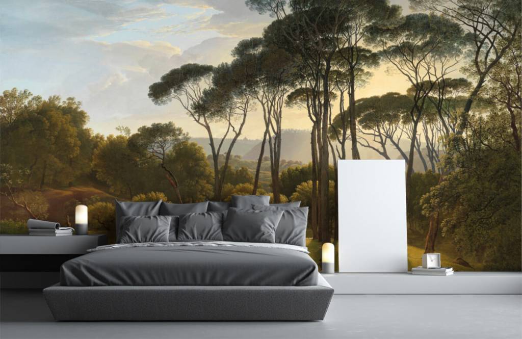 Italiaans landschap met parasoldennen op fotobehang