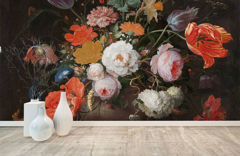 Stilleven met bloemen en een horloge op fotobehang